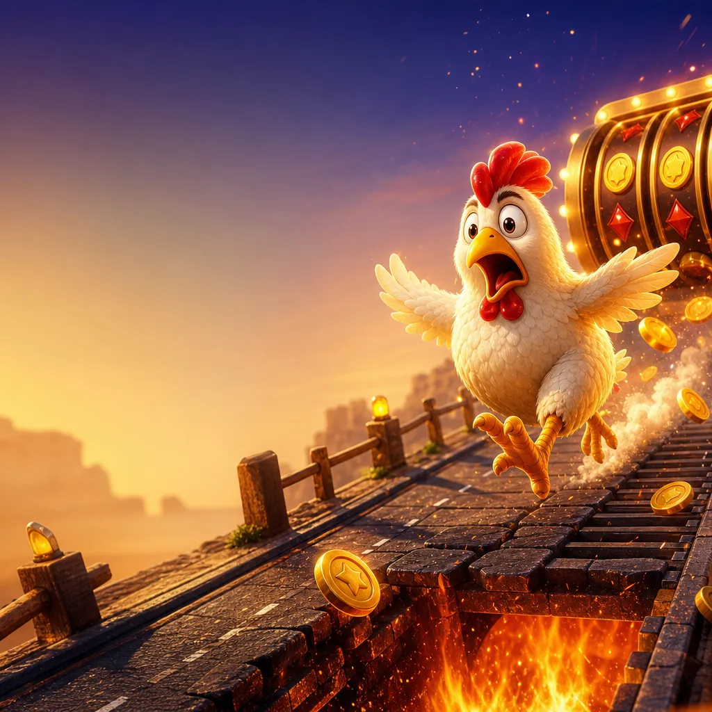 Illustration of chickens on a vibrant road, showcasing playful game elements and dynamic movement.